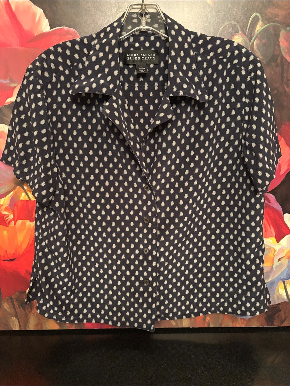NWOT 100% SILK Linda Allard 14 Ellen Tracy Navy Short Sleeve Button-Down